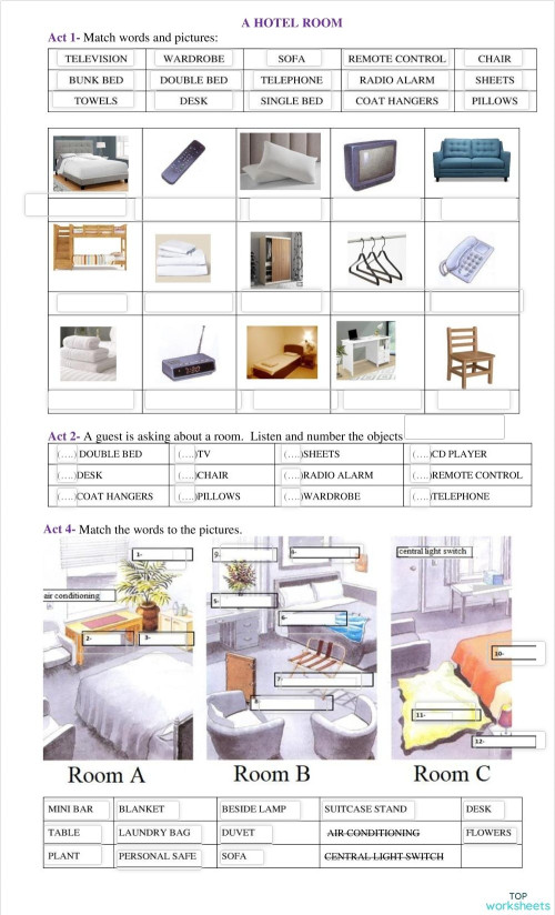 A HOTEL ROOM. Interactive worksheet | TopWorksheets