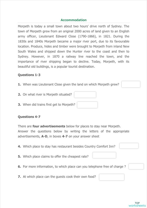 READING 2: ACCOMODATION. Interactive worksheet | TopWorksheets