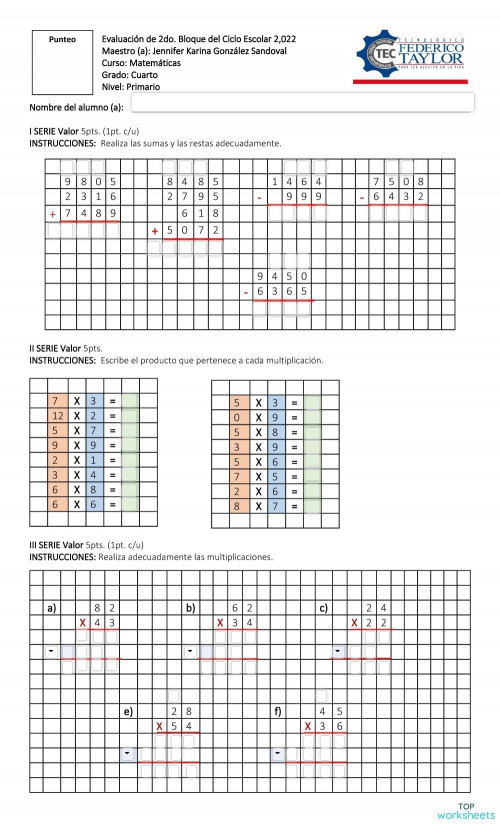 MATEMATICA,4TO. Ficha interactiva | TopWorksheets