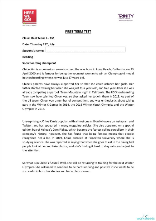 Real Teens I - First Term Exam. Interactive worksheet | TopWorksheets