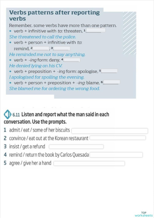 reporting verbs:verb patterns. Ficha interactiva | TopWorksheets