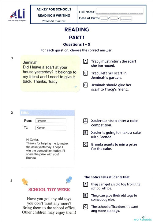 [27.02] KET TEST - READING & WRITING. Interactive worksheet | TopWorksheets