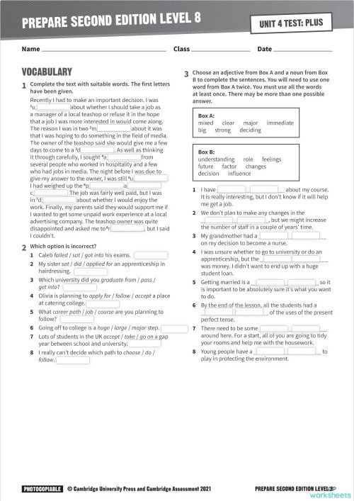 C1 Prepare unit 4. Interactive worksheet | TopWorksheets