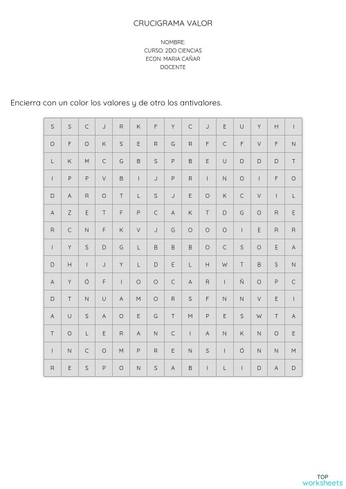CRUCIGRAMA VALOR. Ficha interactiva TopWorksheets CRUCIGRAMA VALOR. Ficha interactiva TopWorksheets
