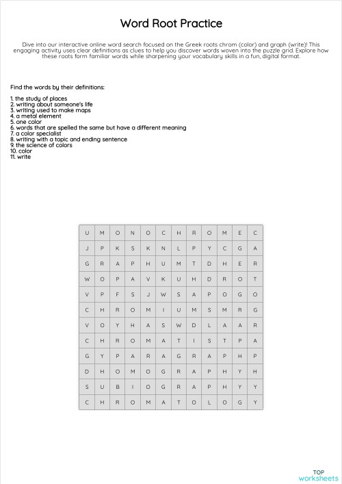 Word Root Wordsearch: chrom, graph. Interactive worksheet | TopWorksheets