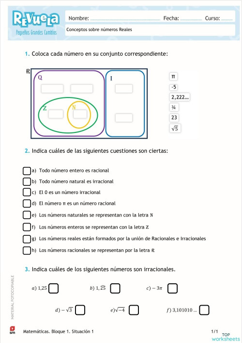 Conceptos y representación de Números Reales. Ficha interactiva ...