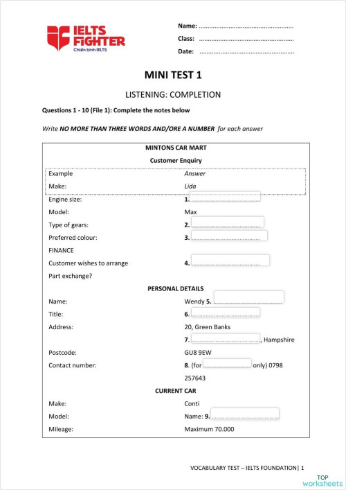 MINITEST 1. Interactive worksheet | TopWorksheets