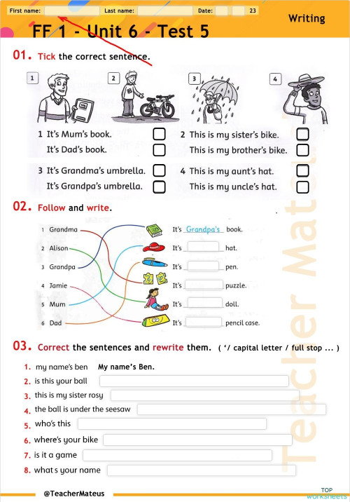 FF 1 - Unit 06 - Test 5 - Writing. Interactive worksheet | TopWorksheets
