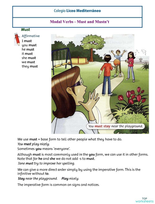 Modal Verbs-Must and Mustn't. Interactive worksheet | TopWorksheets