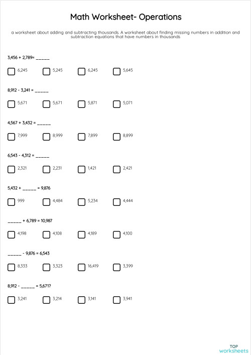 Math Worksheet- Operations. Interactive worksheet | TopWorksheets