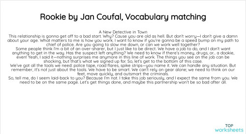 Rookie by Jan Coufal, Vocabulary matching. Interactive worksheet ...