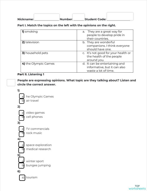 Listening Test. Interactive worksheet | TopWorksheets