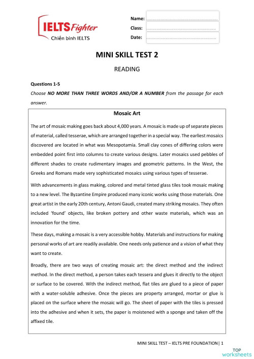 Mini test 2. Interactive worksheet | TopWorksheets