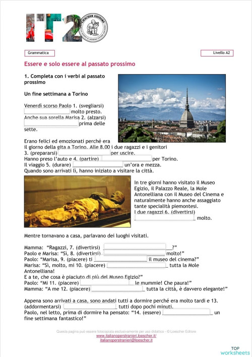 Esercizi L2 A2 passato prossimo. Scheda interattiva TopWorksheets