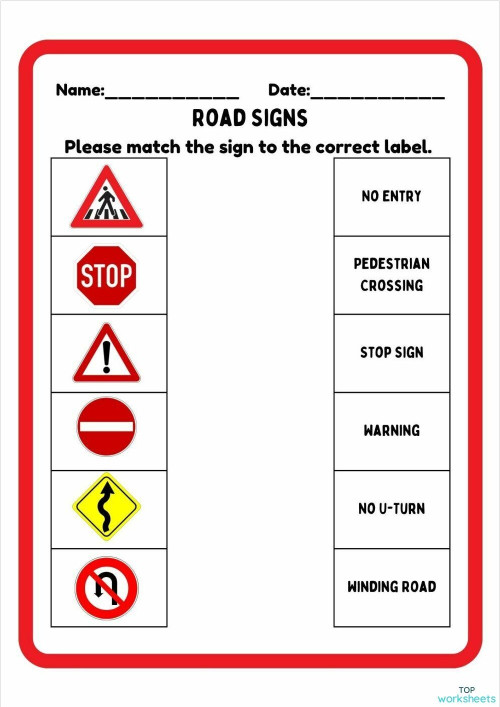 Road Signs Matching Worksheet. Ficha interactiva | TopWorksheets