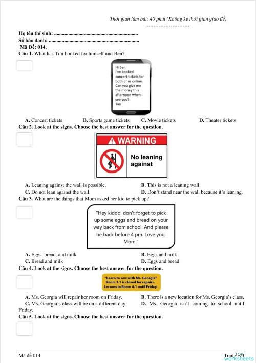 TEST 14 - SIGNS. Interactive worksheet | TopWorksheets