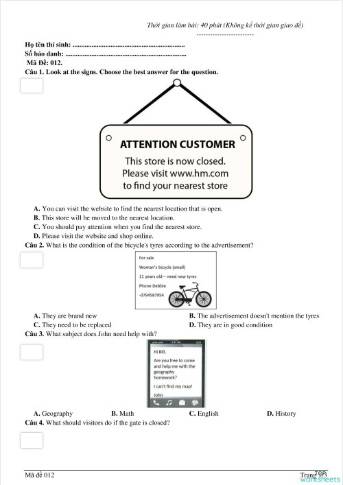TEST 12 - SIGNS. Interactive worksheet | TopWorksheets