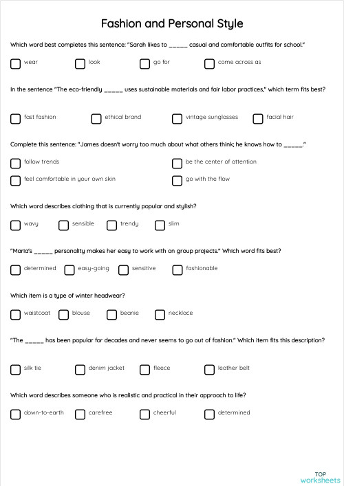 Fashion and Personal Style. Interactive worksheet | TopWorksheets