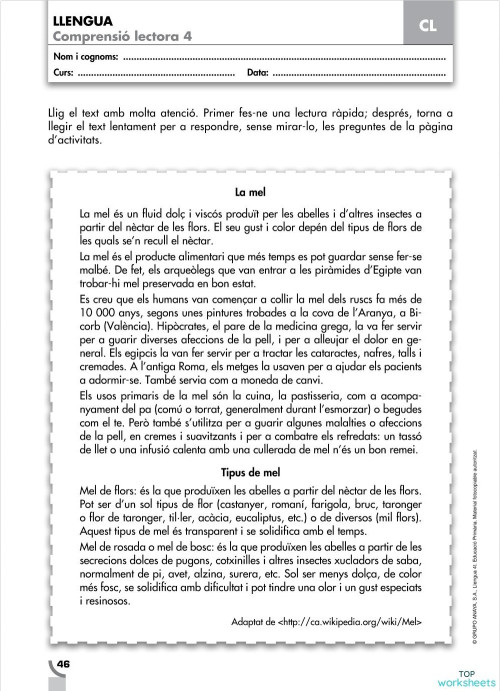 COMPRESNIÓ 4. LA MEL. Fitxa interactiva | TopWorksheets