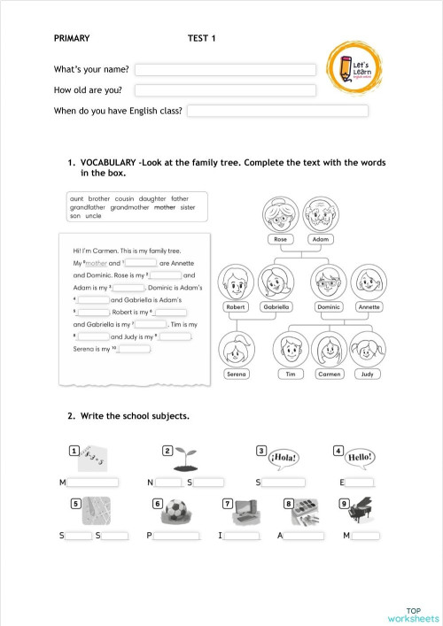 Primary- Test 1. Interactive worksheet | TopWorksheets