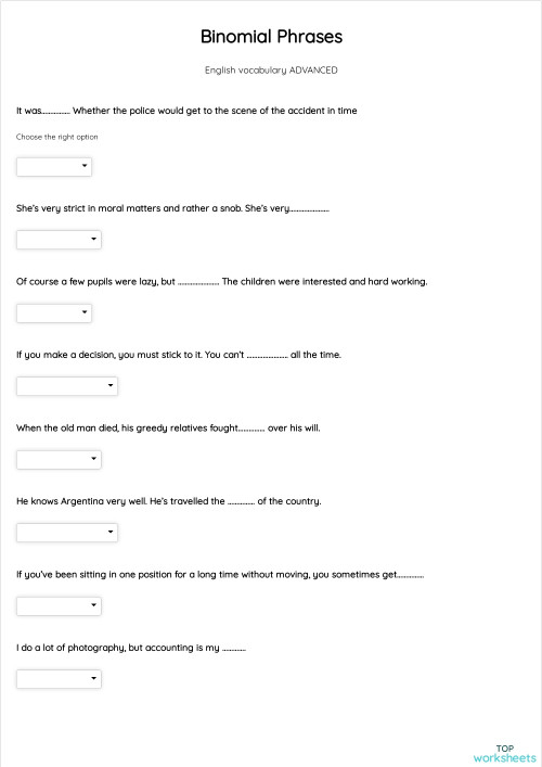 Binomial Phrases. Interactive worksheet | TopWorksheets
