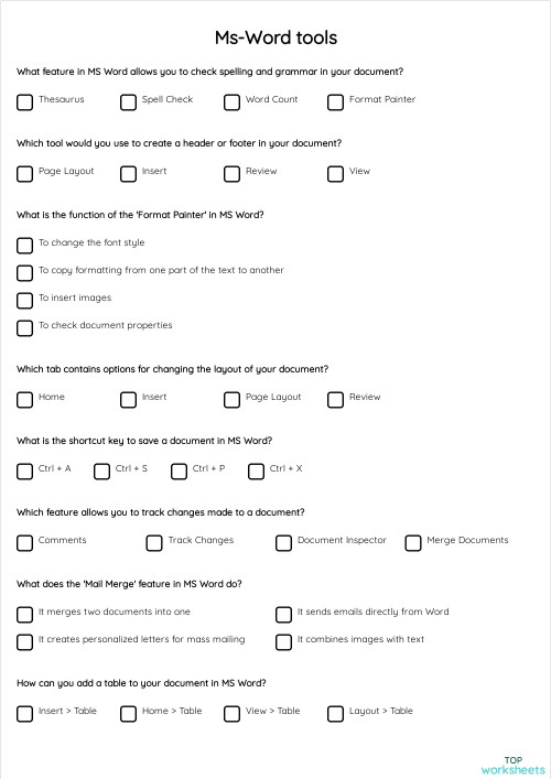 Ms-Word tools. Interactive worksheet | TopWorksheets
