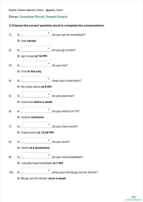 Present Simple - Questions Words - Questions and Answers. Interactive ...