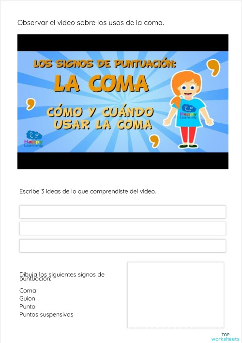 Uso de la coma y el punto - ejercicio. Ficha interactiva | TopWorksheets