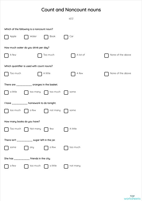 Count and Noncount nouns. Interactive worksheet | TopWorksheets