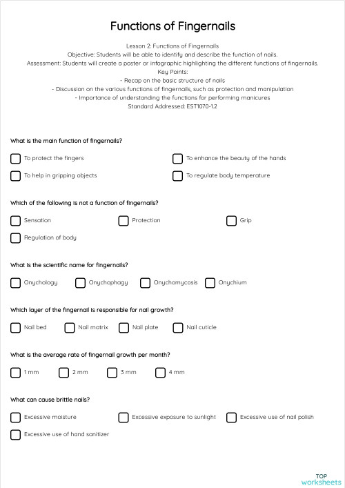 Functions of Fingernails. Interactive worksheet TopWorksheets