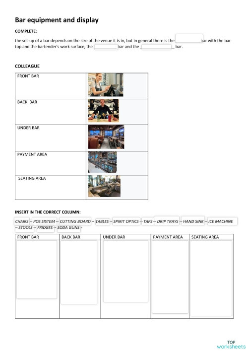 bar equipment. Interactive worksheet | TopWorksheets