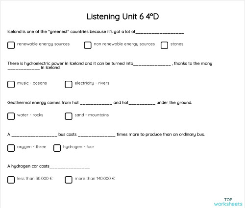 Listening Unit 6 4ºd Interactive Worksheet Topworksheets