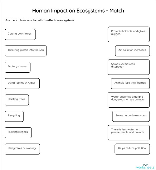 Human Impact on Ecosystems - Match. Interactive worksheet | TopWorksheets