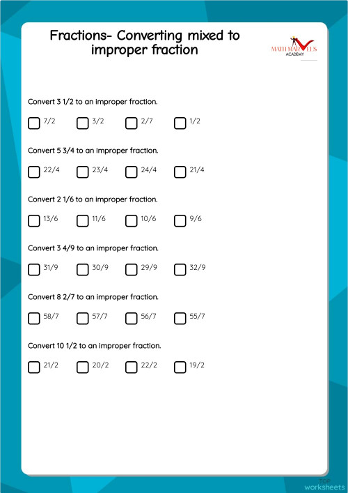 Fractions- Converting mixed to improper fraction. Interactive worksheet ...