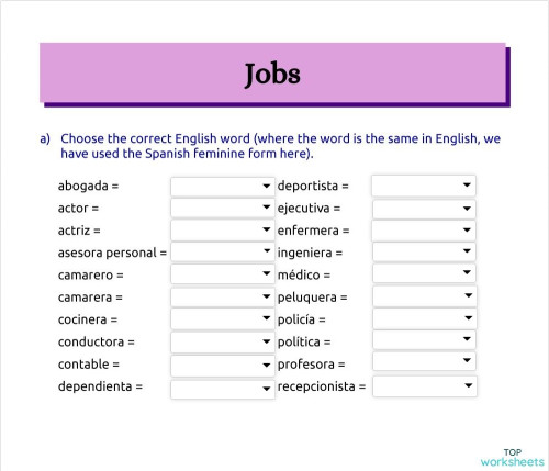 Jobs (glossary). Interactive worksheet | TopWorksheets
