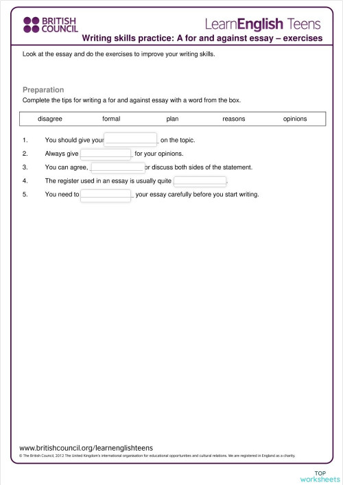 HW 12/5: For and Against Essay. Interactive worksheet | TopWorksheets