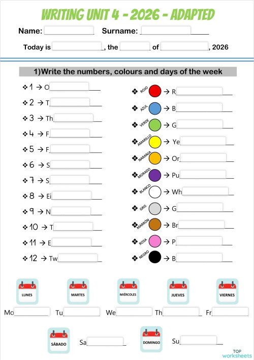 1º - Unit 4 - WRITING ADAPTED - 2026。互动练习册 | TopWorksheets