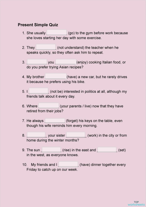 Quiz 1 Present Simple. Interactive worksheet | TopWorksheets