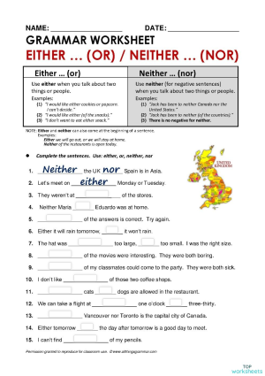Neither/Nor, Either/or. Interactive worksheet | TopWorksheets