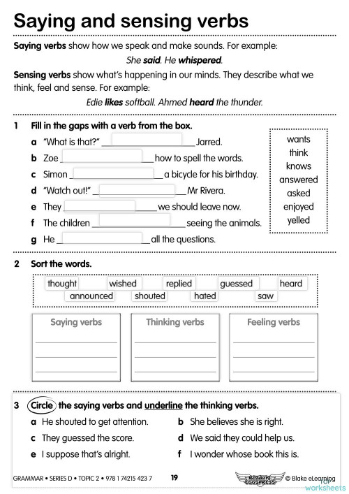 Saying and Sensing Verbs. Interactive worksheet | TopWorksheets