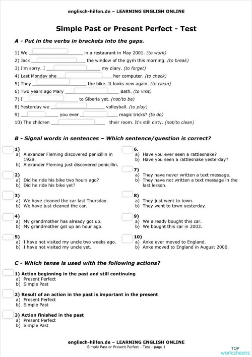 Test Simple Past Present Perfect En Interactive Worksheet Topworksheets