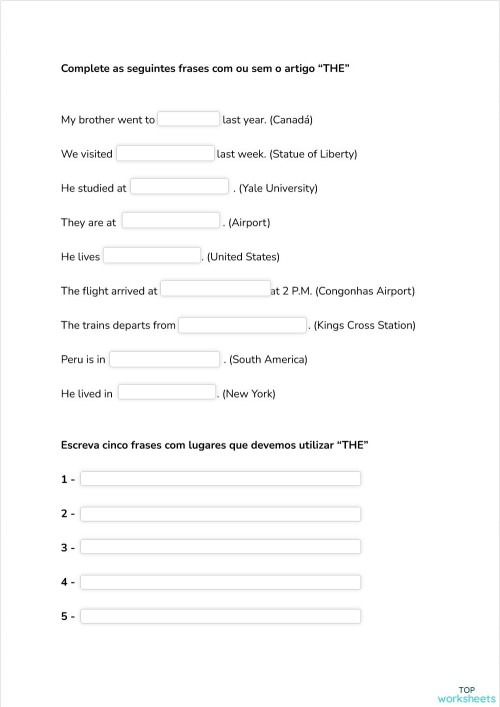 Inglês: fichas interativas e exercícios online | TopWorksheets