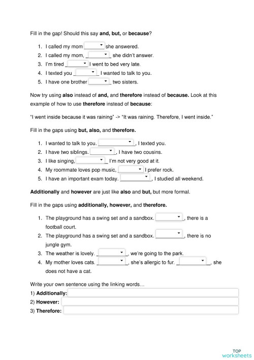 Linking words and, but, because. Interactive worksheet TopWorksheets