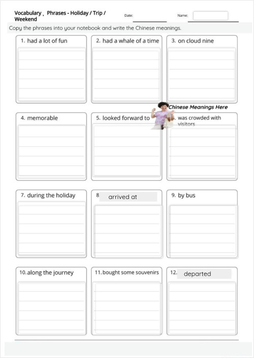 Vocab , Phrases Related to Holiday/ Trip Make Sentences. Interactive