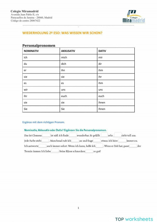 Personalpronomen im Nominativ, Akkusativ und Dativ. Interaktives Arbeitsblatt TopWorksheets