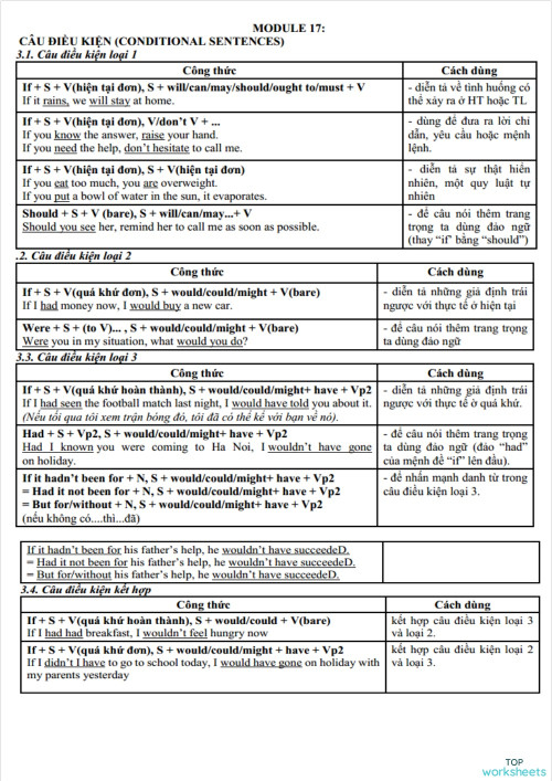 MODULE 17: CÂU ĐIỀU KIỆN (CONDITIONAL SENTENCES). Interactive worksheet ...