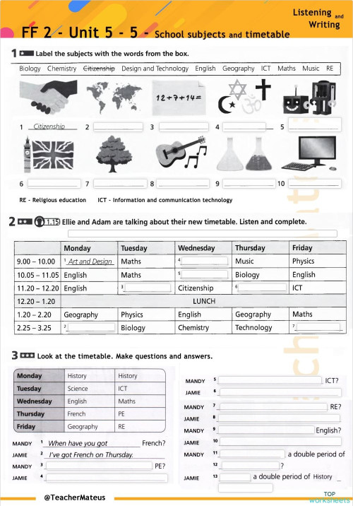 FF 2 - Unit 05 - 5 - School subjects and timetable - Listening Writing ...