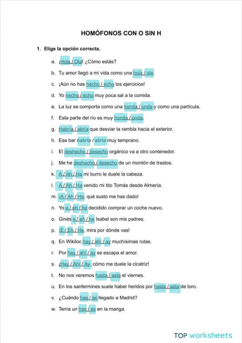 Homófonos con o sin H. Ficha interactiva | TopWorksheets