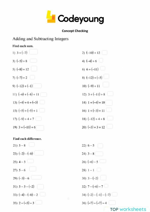 Addition and Subtraction Concept Checking HW. Interactive worksheet ...