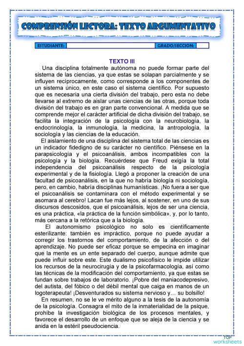 TEXTO ARGUMENTATIVO 3. Ficha interactiva | TopWorksheets